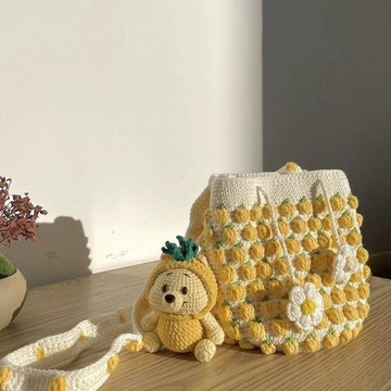 包教會💛夏款手工菠蘿噗噗斜挎包包鉤針diy毛線材料可愛水桶編織手工製作 編織刺繡包包 母親節手作diy材料包 手作di