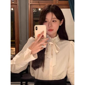 法式富家千金小香風系帶白色襯衫女減齡顯瘦內搭長袖花邊上衣春季