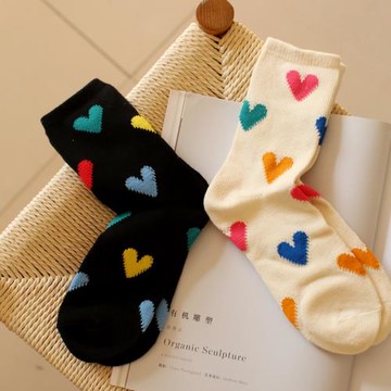 粗線針織棉質彩色愛心經典款百搭長襪子女運動舒適透氣純棉中筒襪