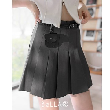 【夏季新品】BeLLA 皮革腰包百褶裙 灰色