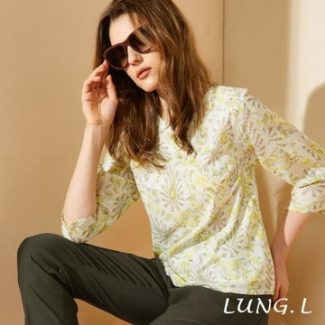 LUNG.L林佳樺 米色清新花語印花棉質七分袖女裝上衣 LU35A