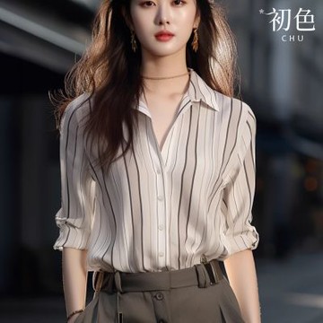初色 法式通勤風雪紡緞面條紋翻領五分袖襯衫上衣女上衣-條紋-36639(M-2XL可選)