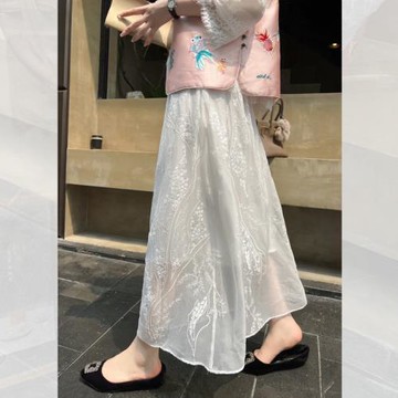 法式半身裙女夏季純白色百搭真絲繡花松緊高腰傘裙a字裙仙美長裙