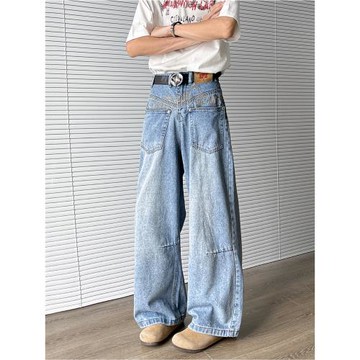 小眾設計感彎刀牛仔褲男解構水洗寬松美式復古打褶直筒闊腿休閑褲