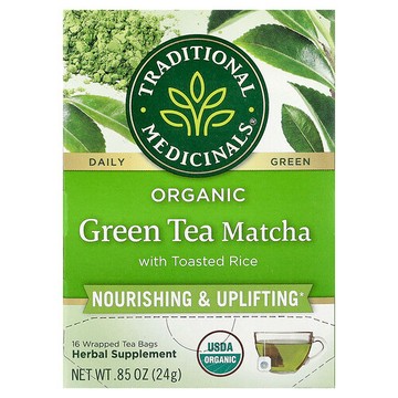 Traditional Medicinals, 有機綠茶抹茶，含炒米，16 茶包，0.85 盎司（24 克）。