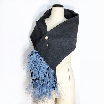 卡仕米羊毛圍巾 水晶 羽毛 羊毛圍巾 粉藍色 灰色 保暖羊毛圍巾