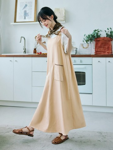 日系棉麻配色拼接造型口袋吊帶洋裝