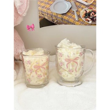 夏日可愛蝴蝶結小碎花透明玻璃喝水杯子冷飲早餐牛奶咖啡杯情侶款