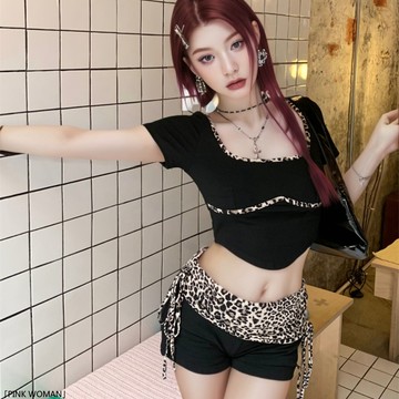 豹紋性感辣妹u領正肩短袖t恤女夏季修身辣妹短款兩件套裝