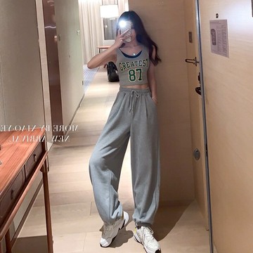 灰色運動休閑褲子女春秋薄款新款韓版高腰顯瘦百搭束腳九分褲