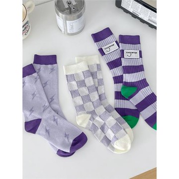 韓國網紅長襪小眾個性紫色襪子女中筒襪ins標簽學院風純棉運動襪