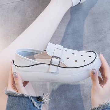 兩穿洞洞鞋2026女夏新款透氣軟底小白鞋純色鏤空魔術貼平底單鞋女