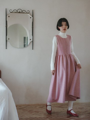 彩虹粉 毛無袖洋裝  疊穿自由調節繫帶復古背心長裙