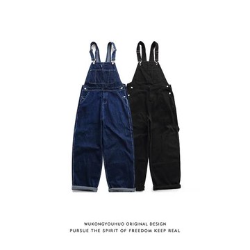 悟空有貨美式復古重磅做舊丹寧背帶褲男潮牌寬松情侶工裝牛仔長褲
