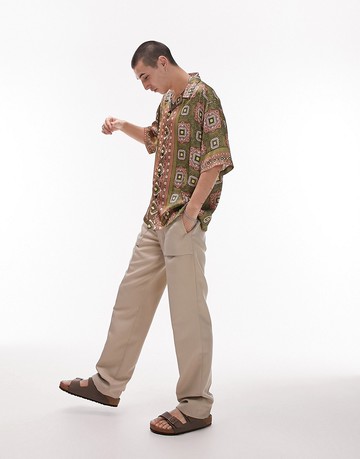 Topman short sleeve relaxed tile satin printed shirt in multi