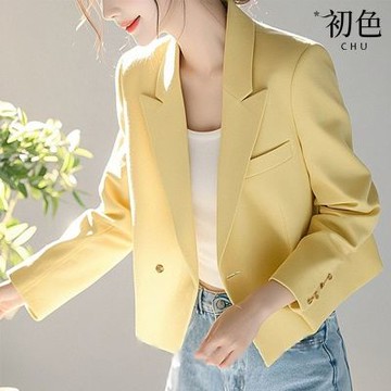 初色 小香風職場短款純色一粒扣西裝領長袖西裝外套女外套-黃色-11351(M-2XL可選)