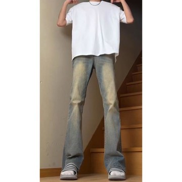 美式高街vibe高腰提檔褲子男春季復古藍彎刀牛仔褲水洗直筒微喇褲