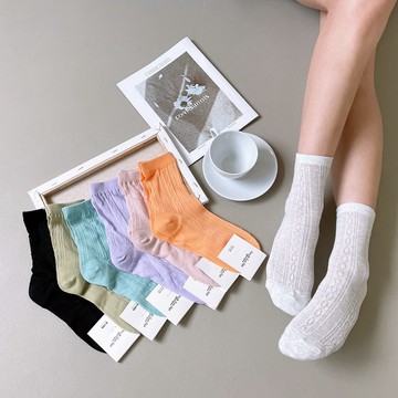 Anyshop韓國襪 浮雕透膚襪 素色透膚襪 編織襪 素色襪 氣質款 女孩必備 春夏款 中筒襪 女孩素襪12401