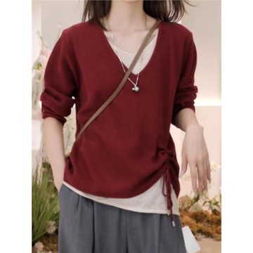 大碼女秋冬安可拉紅色假兩件v領針織衫毛衣胖mm不規則打底衫上衣