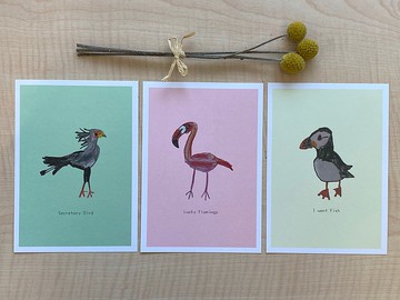 手繪插畫 紅鶴 蛇鷲 海鸚 明信片 3件組