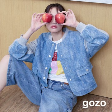 【gozo】雪花牛仔拼接針織棒球外套(淺藍/深藍_F) | 女裝 圓領 休閒
