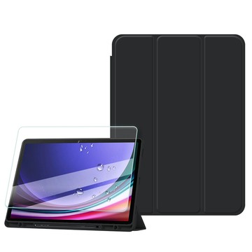 VXTRA 軍事全防護 三星 Samsung Galaxy Tab S9/S9 FE 晶透背蓋 超纖皮紋皮套(純黑色)+9H玻璃貼X710 X716 X510