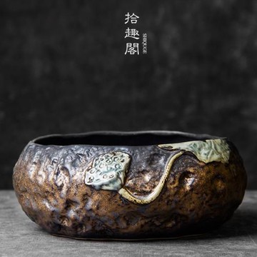 手工粗陶茶洗日式復古鎏金杯洗水盂陶瓷建水渣斗茶海大號筆洗家用