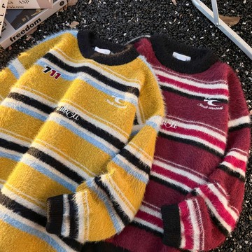 秋冬新款刺繡條紋圓領毛衣男鬆弛感慵懶風套頭針織衫男