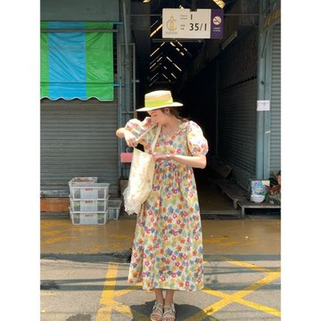 JC古著商店"盛夏午后" 復古碎花短袖連衣裙女夏泡泡袖a字高腰長裙