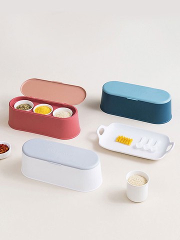 家用組合套裝三格一體式有蓋調料盒歐式輕奢廚房帶勺調味罐鹽油罐