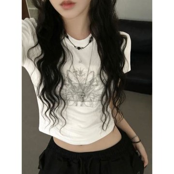 夏日小記 美式涂鴉印花圓領短袖T恤 甜酷系辣妹顯瘦百搭短款上衣