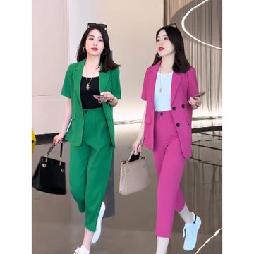 西裝套裝女夏款薄款短袖2025新款休閑西服時尚歐貨直筒褲兩件套潮