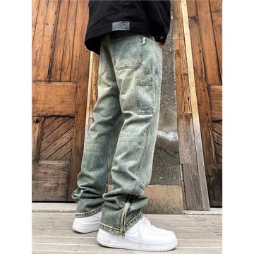 south美式春季水洗做舊復古街頭潮牌寬松直筒腳口拉鏈牛仔長褲男
