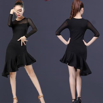 新款拉丁舞服裝 女  舞蹈藝考練功 成人拉丁舞裙長袖表演服連衣裙