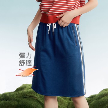 OUWEY歐薇 運動風撞色織帶抽繩鬆緊及膝羅馬布裙(深藍色；S-L)3232322106