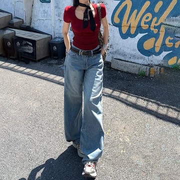 美式復古低腰寬鬆闊腿褲秋冬新款百搭直筒牛仔褲女&長褲加長