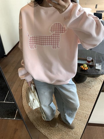 【missy shop】影子小狗格紋印花圓領刷毛大學T-93761