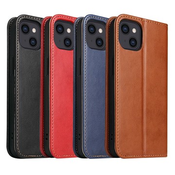 Fierre Shann 真皮紋 iPhone 13 mini (5.4吋) 錢包支架款 磁吸側掀 手工皮套保護殼-紅色