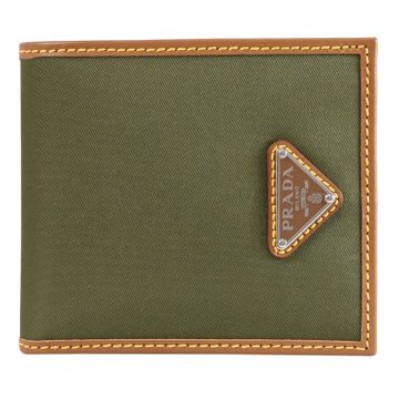 PRADA 經典三角LOGO尼龍拼接對開八卡短夾(綠/咖邊)