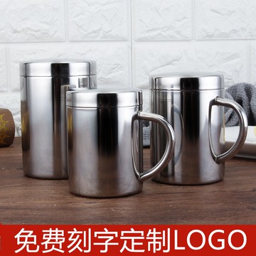 304不銹鋼飲水杯家用帶手柄雙層兒童牛奶杯帶蓋杯子早餐杯馬克杯