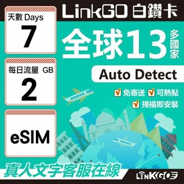 LINKGO白鑽卡 全球13國 eSIM卡 7天上網卡 每日2GB(全球網卡 亞太區 紐西蘭 澳洲 通行無限)