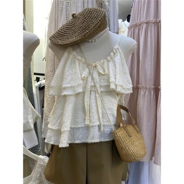 韓國東大門夏季新款小個子蕾絲拼接系帶吊帶女層層荷葉邊背心上衣