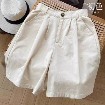 初色 美式工裝純色薄款後鬆緊高腰口袋寬鬆顯瘦五分褲休閒褲寬褲短褲-共3色-14994(M-4XL可選)