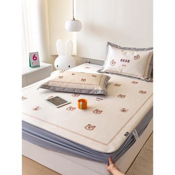 卡通風夏季冰絲涼席三件套可愛小熊印花床笠款可水洗空調軟席1.5m