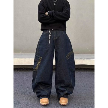 美式復古小眾做舊闊腿長褲子男寬鬆豹紋拼接直筒休閒彎刀牛仔褲男潮