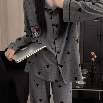 DUYI~夢詩 睡衣女灰色米奇春秋薄款可愛卡通家居服套裝大碼可外穿