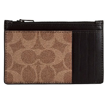 COACH 撞色C字印花皮革卡夾零錢包(黑/卡其)