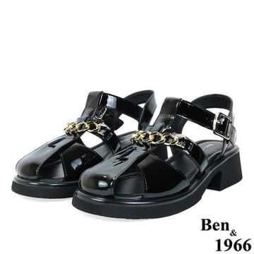 Ben&1966高級牛漆皮個性金屬鍊魚骨編織涼鞋-黑(236631)