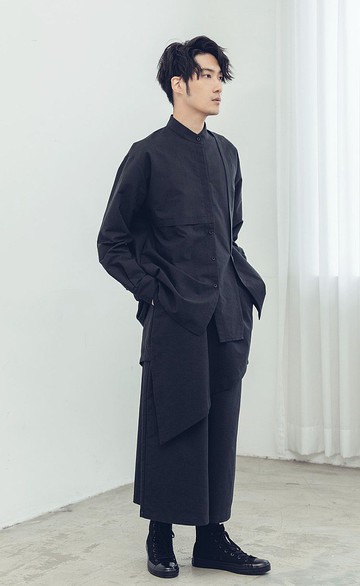 鏡反射 不對稱立領襯衫(黑/灰/米白) Organic Cotton & Recycle