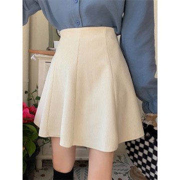 大碼白色燈芯絨半身裙短裙秋冬咖色a字蓬蓬裙淑女高腰遮胯包臀裙